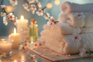 Towels, candles and essential oils on a table in a spa salon background with copy space concept for text