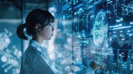 A woman is looking at a computer screen with a blue face on it