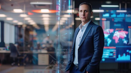Mature business  man CEO specialist in blue suit stands closed arms in front of a large screen with a map on it