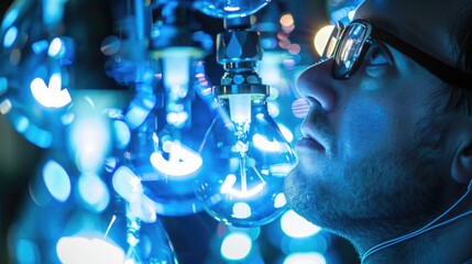 A man is looking at a light display with his face illuminated by the lights