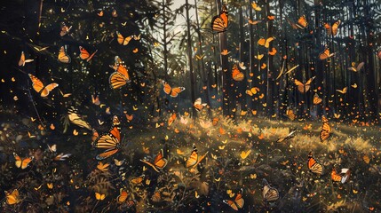 A breathtaking scene of thousands of monarch butterflies fluttering together in a forest clearing,...