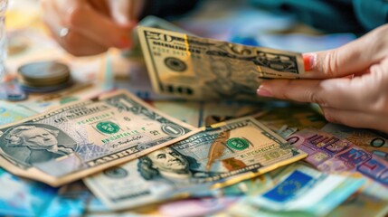 A person is holding a stack of money, including a $100 bill