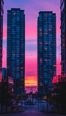 Obraz premium Colorful cityscape at sunset modern skyscrapers silhouetted against vibrant sky