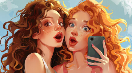 Two women with freckles are looking at a cell phone