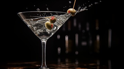 Elegant martini cocktail with a splash and olive garnish against a dark background - Powered by Adobe