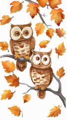 A couple of owls sitting on top of a tree branch