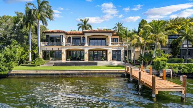 A large house with a dock and a pier is shown on a beautiful day