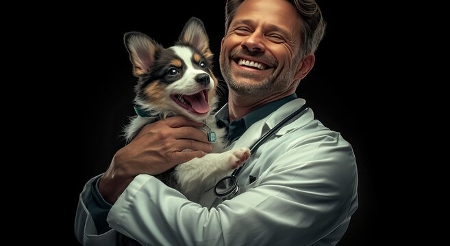 Portrait of a handsome male smiling doctor in a white coat holding a cute small dog over an isolated background
