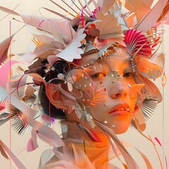 Vector art of woman with vibrant feathers on head, hand-drawn and painted design
