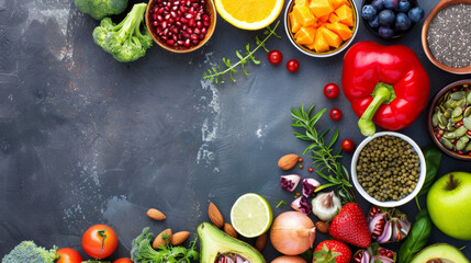 A vibrant array of fresh fruits, vegetables, and nuts on a dark surface