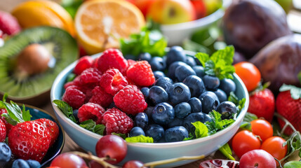 A close-up of fresh berries and fruits beautifully arranged