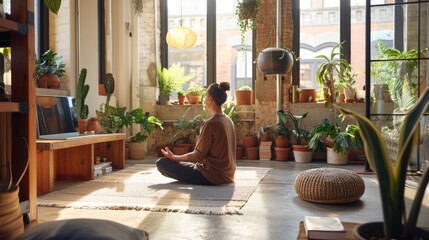 Meditate woman is sitting on a rug in a room with plants and a laptop - Powered by Adobe
