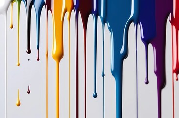 Thick multicolored acrylic or oil paints drip from a white wall. Colorful background.