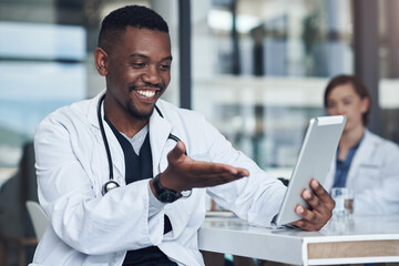 Video call, black man or doctor with tablet for consulting, results or communication in hospital....