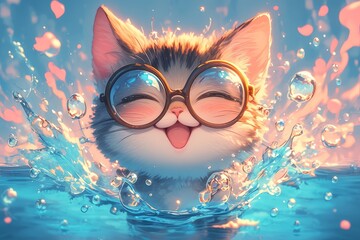 smiling cat with psychedelic glasses and paint splash, colorful background