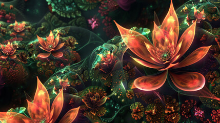 Fototapeta na wymiar Surreal flowers glowing with ethereal light in a digital landscape