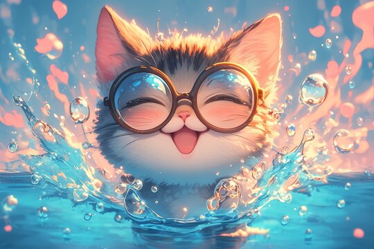 smiling cat with psychedelic glasses and paint splash, colorful background