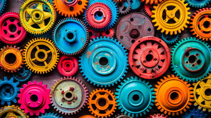 Colorful array of various machine gears and cogs, representing complex machinery, teamwork, and engineering concepts.