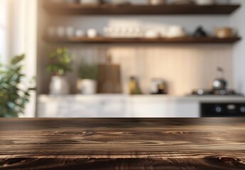 Empty wooden table top with blurred kitchen interior background product display and ecommerce...