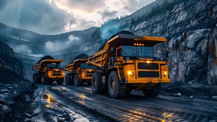 Yellow mining truck at work site loading coal transporting minerals in open pit. Concept Mining Industry, Heavy Machinery, Coal Extraction, Open Pit Mining, Transportation of Minerals