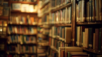 A softly blurred background of bookshelves creating a sense of depth and immersion in the world of literature at a busy book stand. .