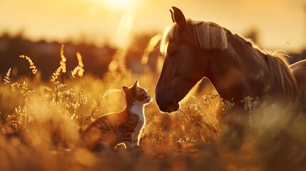 Red border collie cat and horse together at sunset in summer