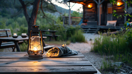 Old fashioned lantern illuminates rustic