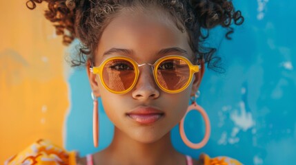 Beautiful young tanned girl wearing sunglasses stands near wall in the south. Fashionable summer dress, bright make-up, tan.