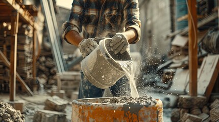 A mason pouring water into a cement mixer and adding dry ingredients to create mortar, showcasing the artistry and skill of masonry work.