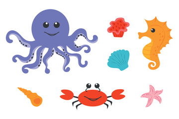 Set of cute sea animals. A collection of vector illustrations in cartoon style about underwater animals. Illustration of starfish, crab. octopus