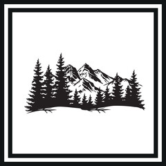 Fototapeta premium Silhouette of snowy mountain and pine trees clipart on a white background