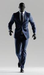 Luxury business suit 3d designed, dance posing, front view ad mockup, isolated on a white and gray background.