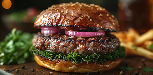 homemade hamburger on a wooden plate set against a gray background