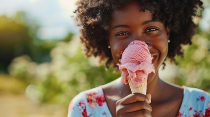 Dark skinned happy young woman eating ice cream with copyspace