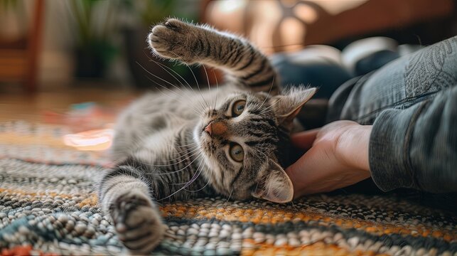 A person lying on the floor while their cat pounces and playfully wrestles with their hand, demonstrating the spirited and affectionate nature of feline play.