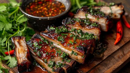 A plate of succulent pork belly slices grilled to crispy perfection, accompanied by dipping sauce and fresh herbs, enticing diners with its savory aroma.