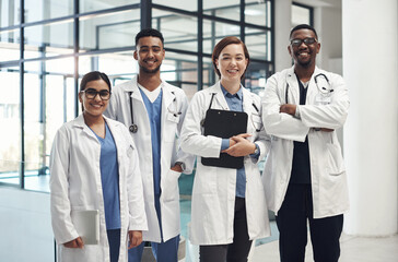 Diversity, portrait and doctors in clinic for teamwork, wellness and health services. Support,...
