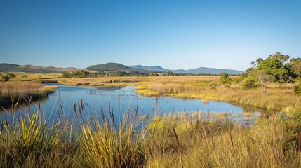 A scenic overlook offering breathtaking views of a sprawling marshland teeming with birdlife, set against a backdrop of rolling hills and distant mountains.