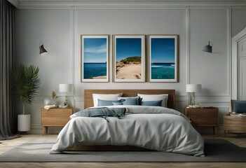 interior marine style sea Coastal 3d room frame render bedroom furniture Mock decor