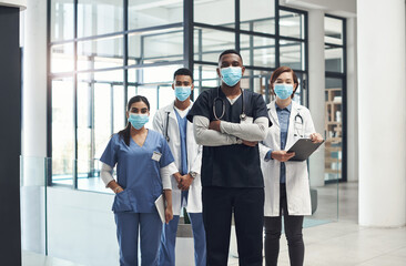 Doctors, man and arms crossed with mask, team and portrait with diversity for medical career in...