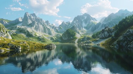 Fototapeta premium A serene alpine lake nestled amidst towering mountains, reflecting the tranquil beauty of its surroundings like a mirror.