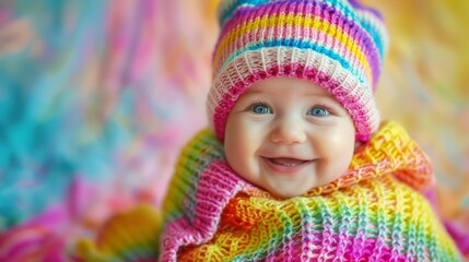 Joyful infant with an infectious smile wearing bright attire against a soft pastel background