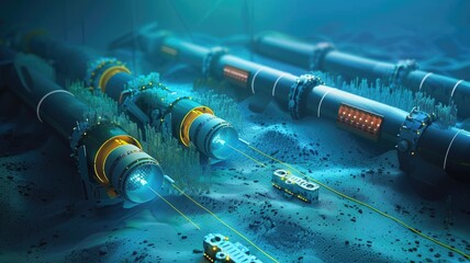 detailed diagram on a monitor of an undersea optical cable system, highlighting amplifiers and branching units