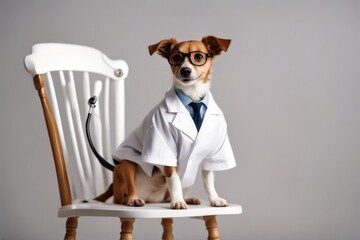'background indoors wearing small glasses sitting doctor portrait cute stethoscope chair vet white looks home studio young dog modern he jack injury equipment paramedic sweet first medicine patient'