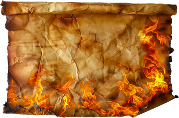 BURNING SCROLL! Isolated, Aged paper, Parchment, Page, Sheet, Text space. An ancient pirate's paper incinerated with flame including a wide space for text insertion.