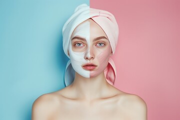 A woman with a white and pink face mask