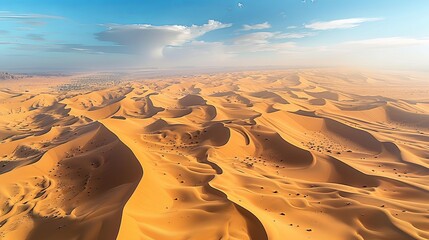 Aerial view of a vast desert landscape with towering sand dunes stretching as far as the eye can see, showcasing the grandeur of nature's formations.