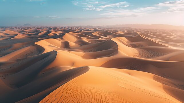 Aerial view of a vast desert landscape with towering sand dunes stretching as far as the eye can see, showcasing the grandeur of nature's formations.