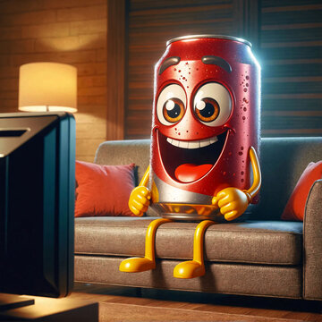 3D Render Of A Happy Smiling Funny Red Soda Can With A Huge Smile And Huge Eyes Watching Tv 300PPI High Resolution Image