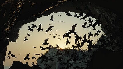Close-up of a large swarm of bats emerging from a cave at dusk, their silhouettes stark against the twilight sky as they embark on their nightly hunt. - obrazy, fototapety, plakaty